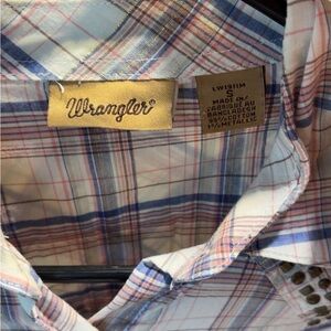 Wrangler Women's Blue and Pink Plaid Button Down Shirt